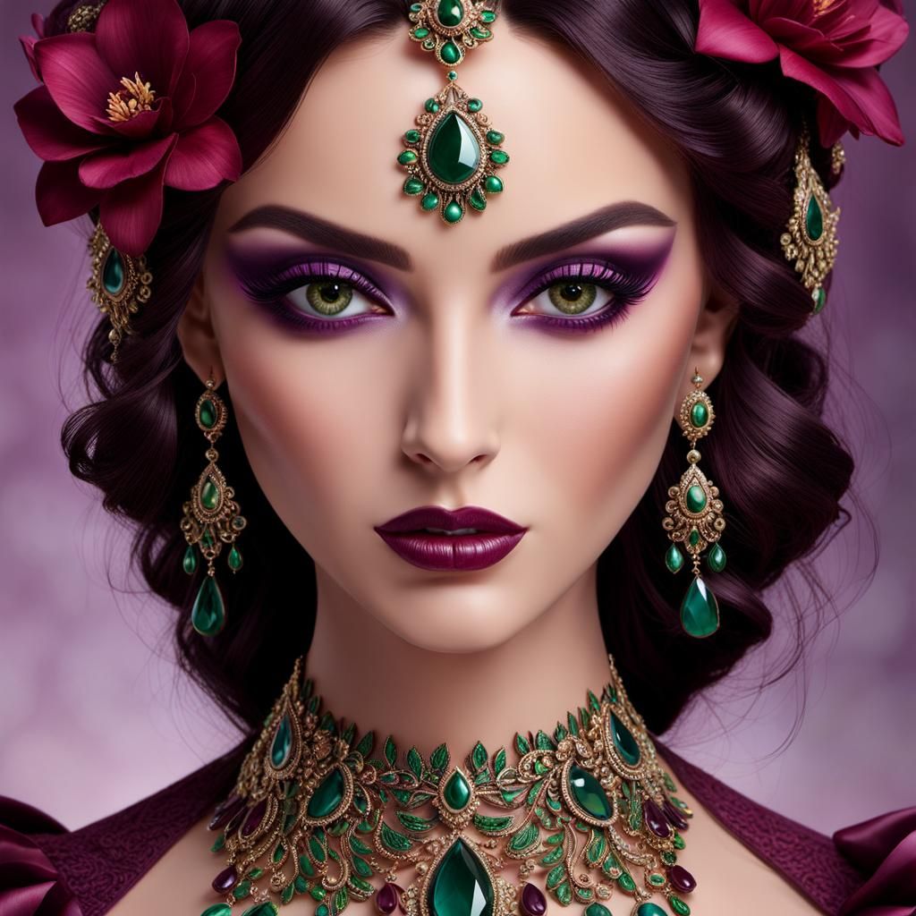 Airbrushed, on smooth Bristol board, A young woman with heterochromia brown left eye,  green right eye and flowing dark ...