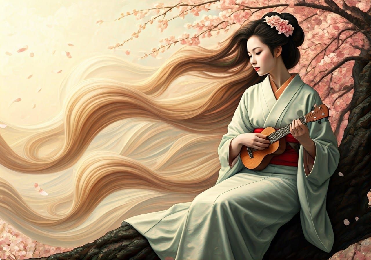 Ethereal Japanese Woman Playing Ukelele in Ukiyo-e Style