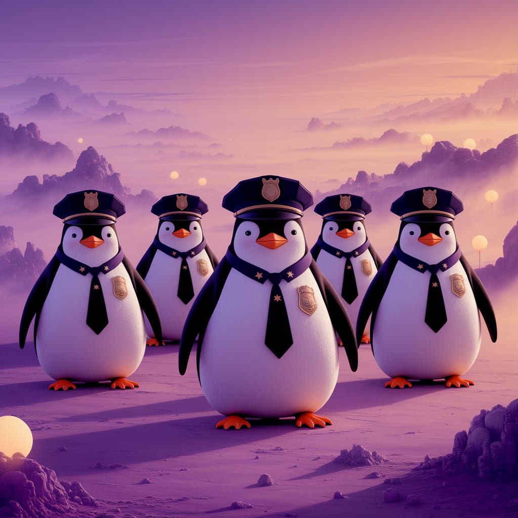 Penguin Police Guarding Purgatory in Dreamlike Landscape