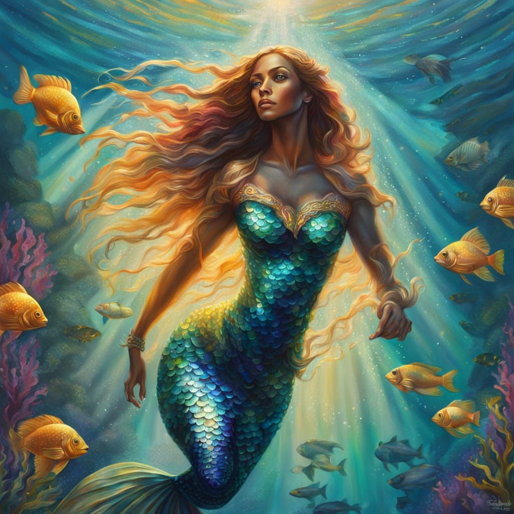 Mermaid Gliding Through Ocean Waters in Vibrant Oil Painting