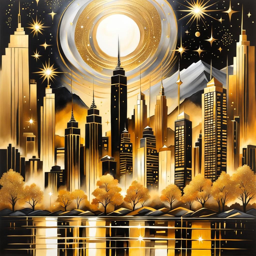 Elegant Cityscape with Gold Sparkles in Watercolor Style