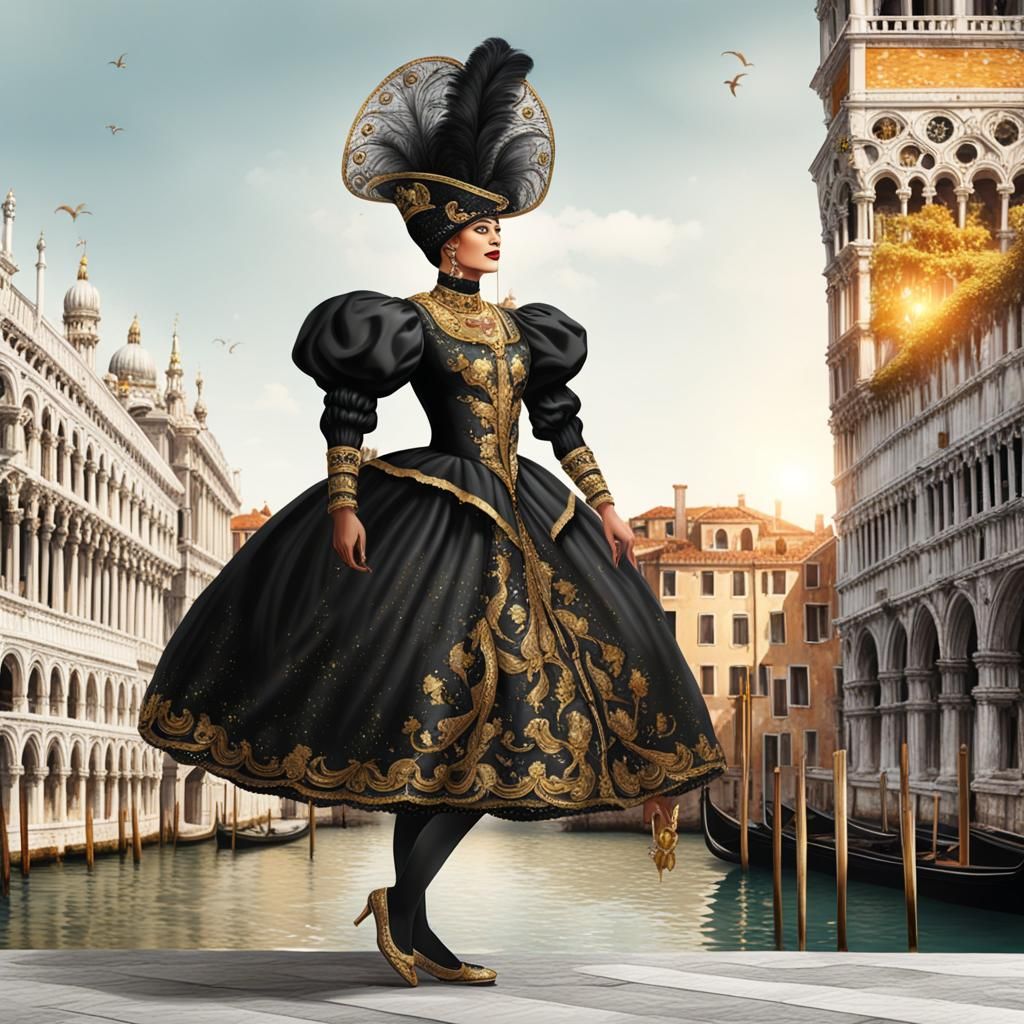 Carnival of Venice Woman in Black and Gold Costume