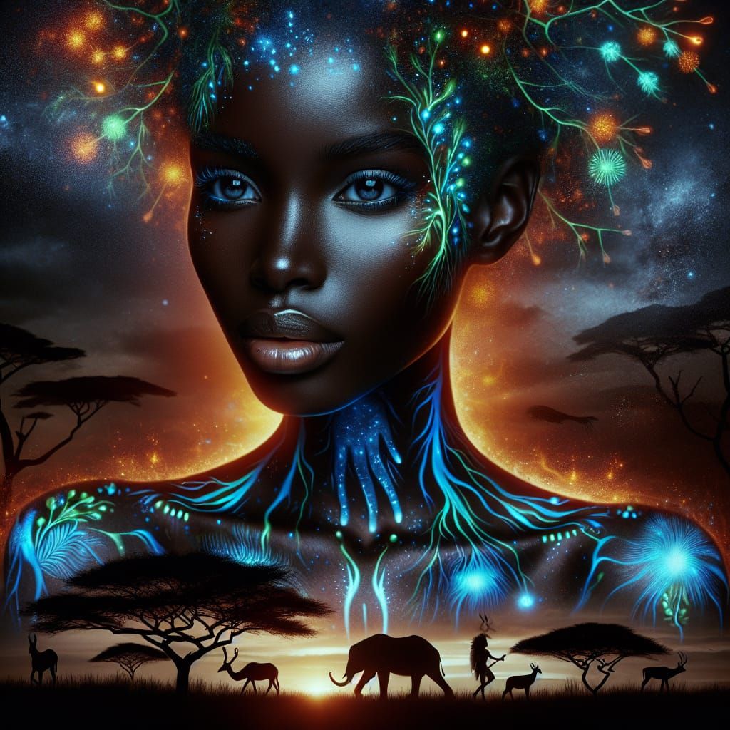 Radiant Woman with Bioluminescent Tattoos in Oil Painting St...