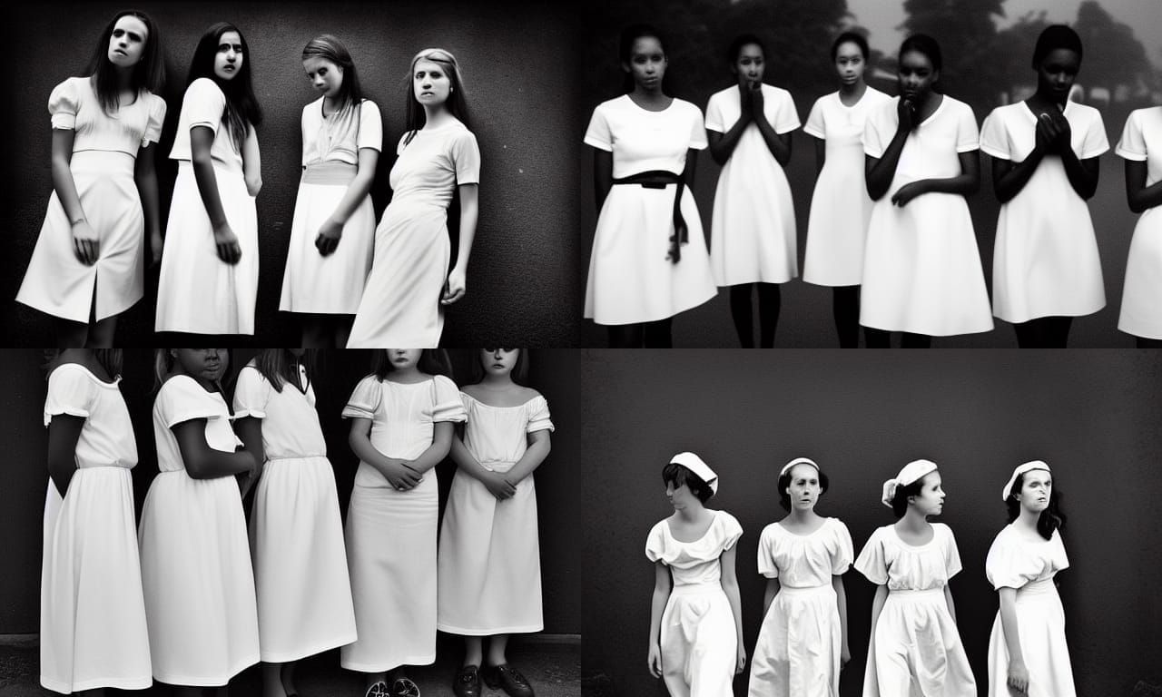 Girls in White Dresses Looking into Darkness