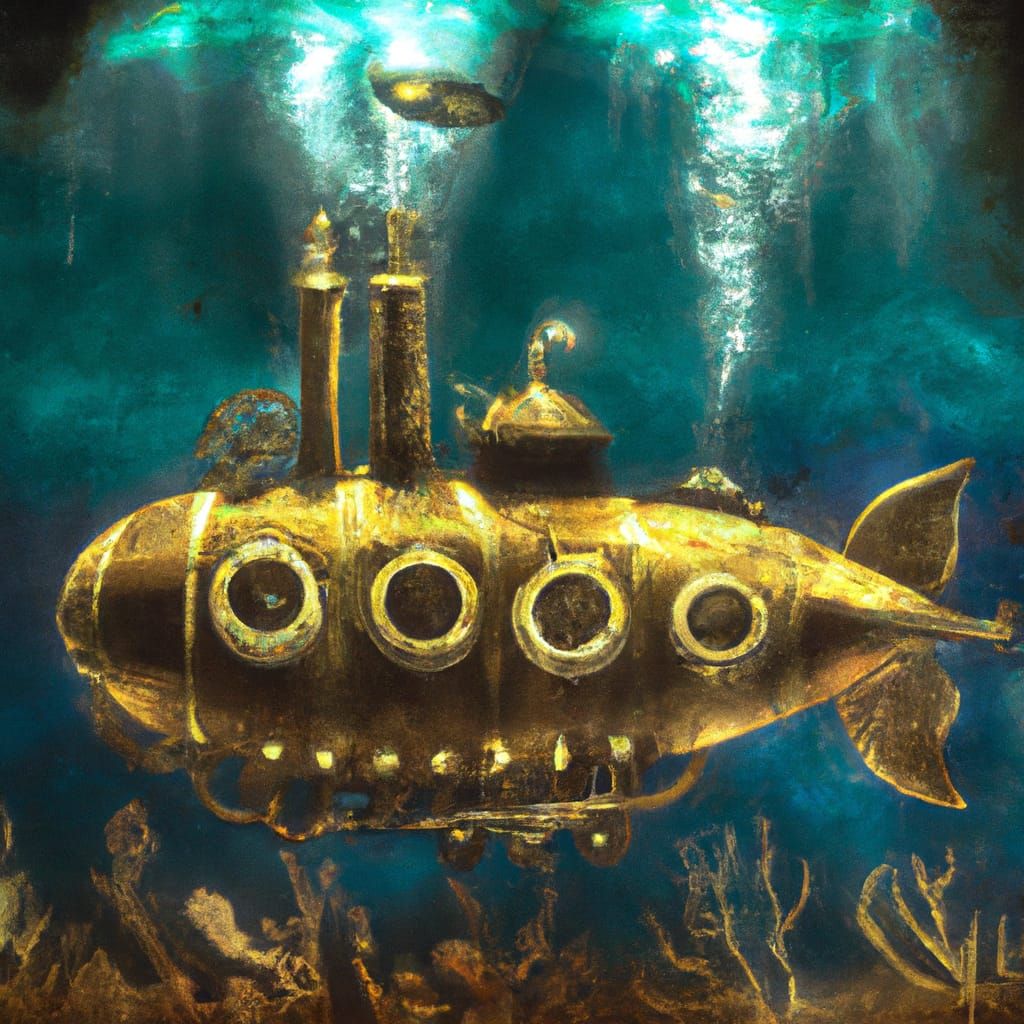 Steampunk Submarine Underwater Watercolor