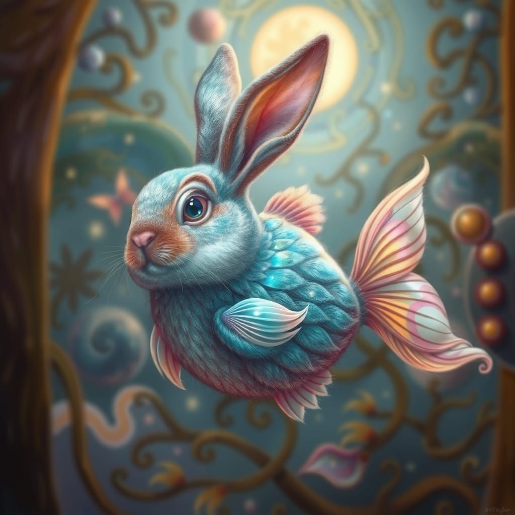 Surreal Rabbit-Fish in Dreamy Landscape as Chagall Painting