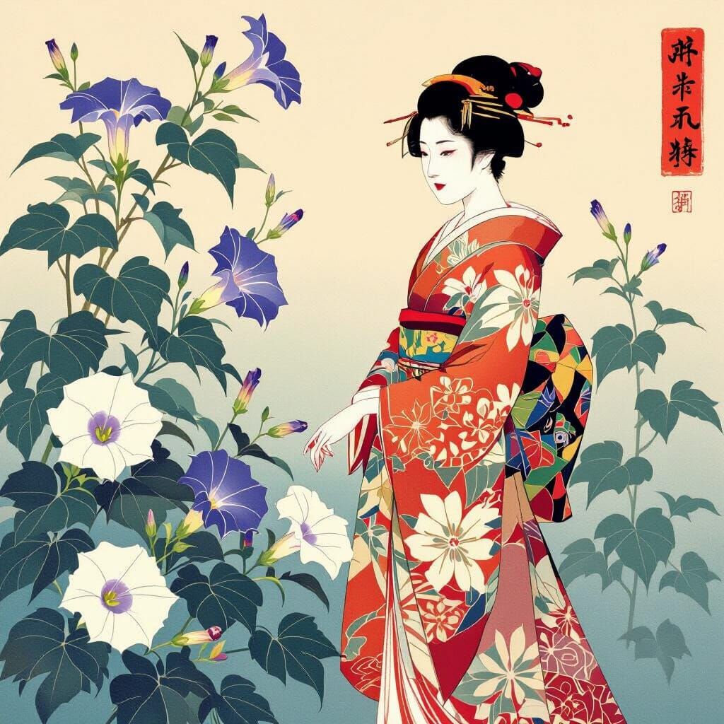 Geisha in Kimono Amongst Morning Glories: Ukiyo-e Style