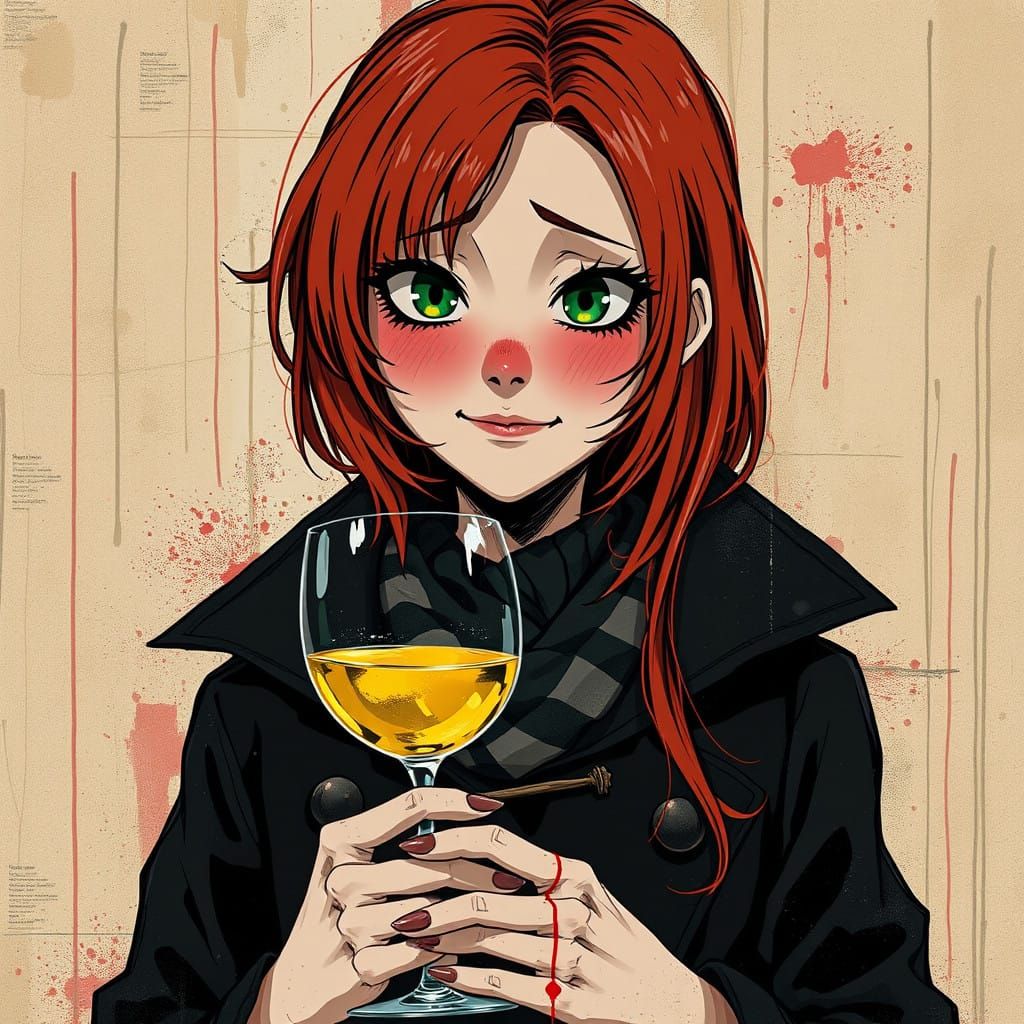 Hypermaximalist Anime Woman with Emerald Eyes and Wine