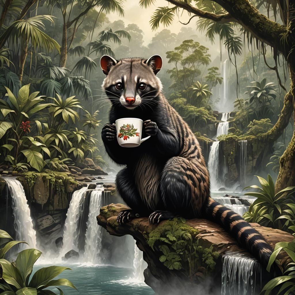 Asian Palm Civet Sipping Coffee by Waterfall
