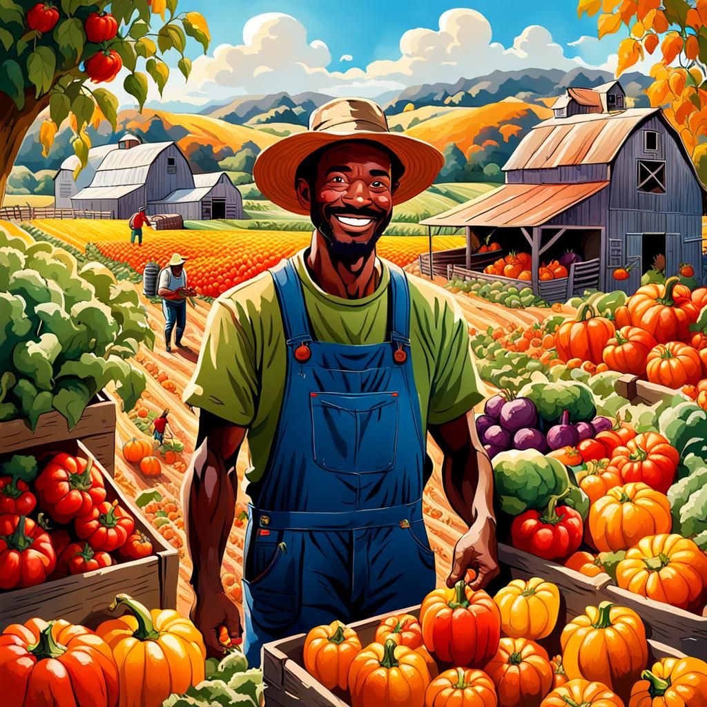 Joyful Farmer's Harvest in Storybook Illustration Style