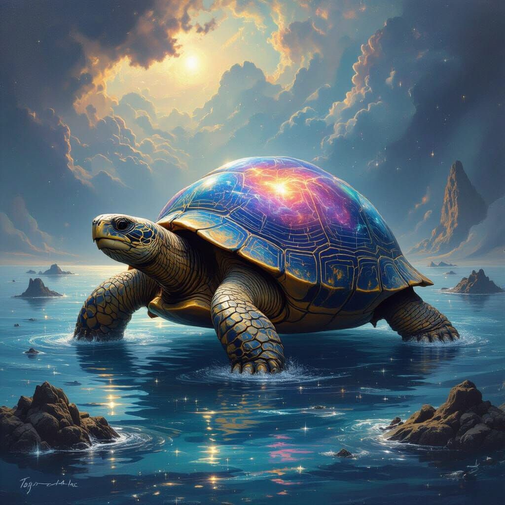 Cosmic Tortoise Navigates Nebula Sea in Oil Painting Style