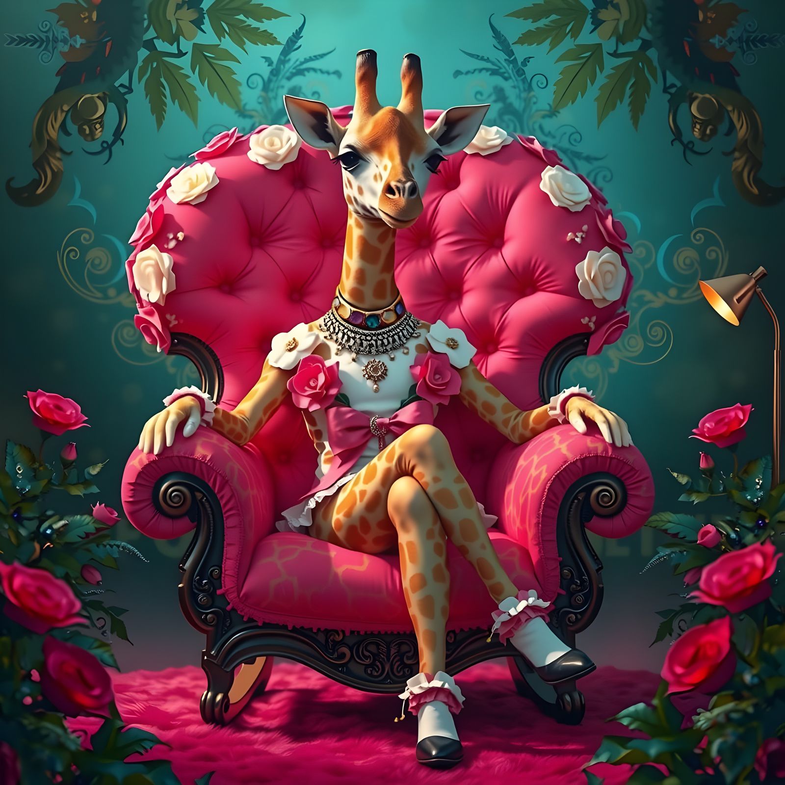 Floral Giraffe in Rocking Chair, Surreal Fairytale Style