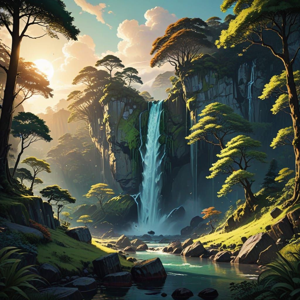 Anime-Style Serene Waterfall Landscape at Sunset