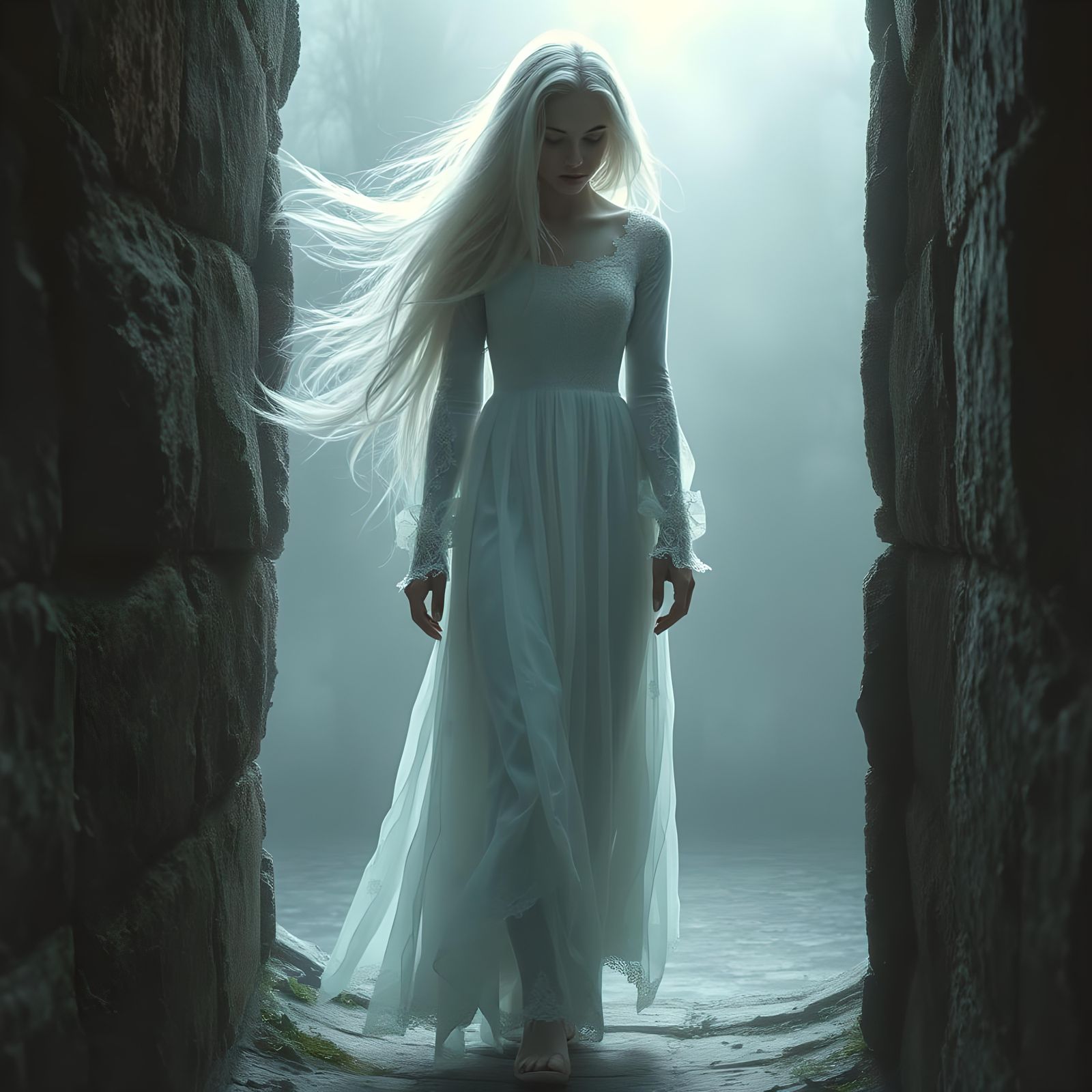 Ethereal Ghostly Figure Walking Through Wall