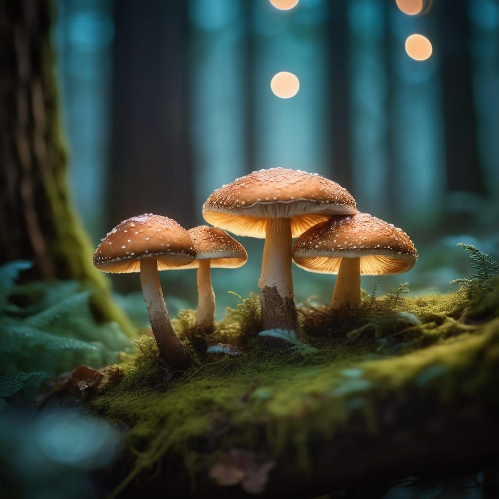 Enchanted Twilight Forest Scene with Glowing Mushrooms and F...