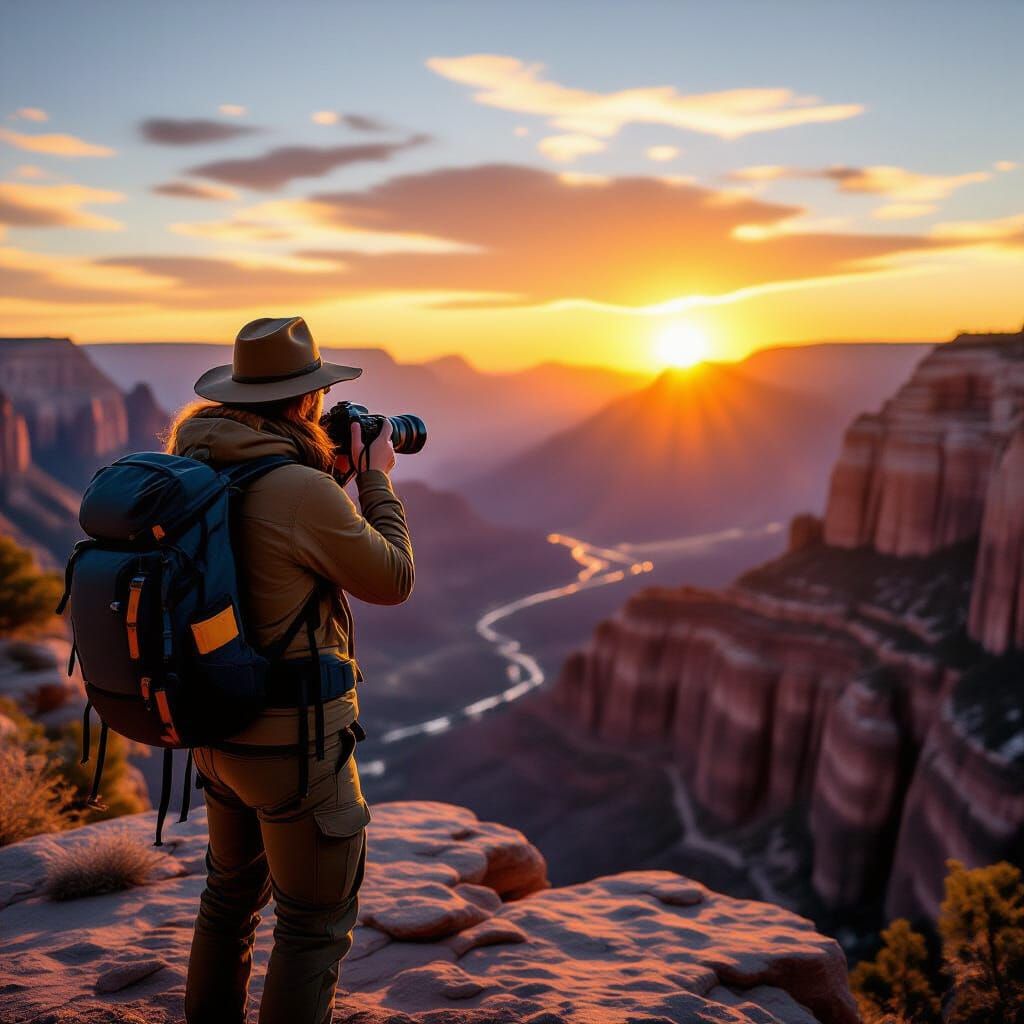 Photographer at Cliff Edge Capturing Sunset