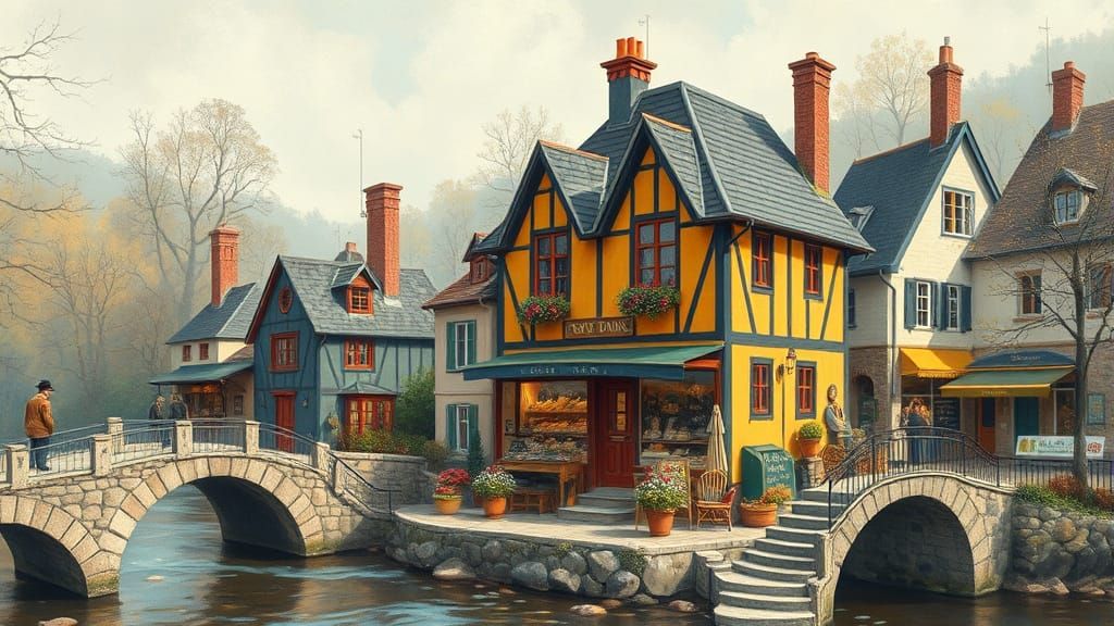 Charming Village Teahouse in Impressionist Style