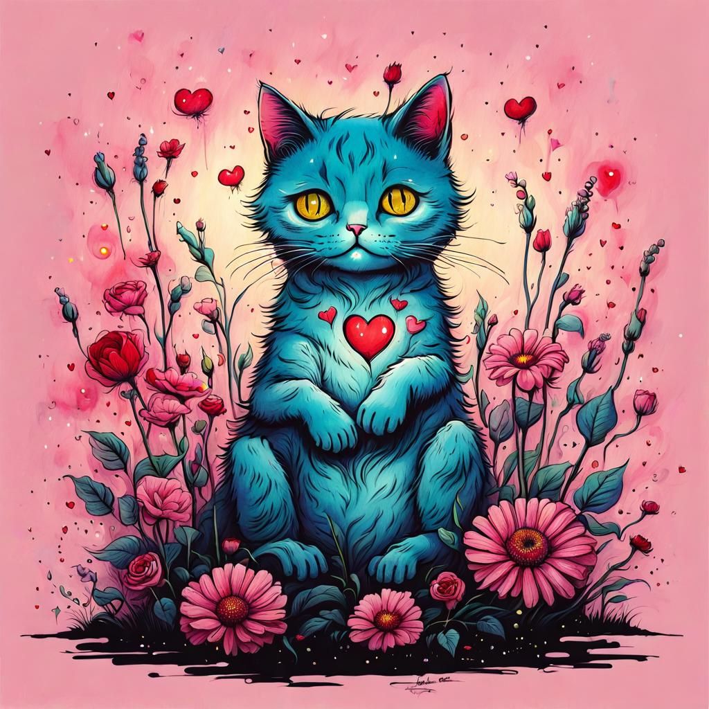 Cute Cat Surrounded by Flowers in Surrealist Style