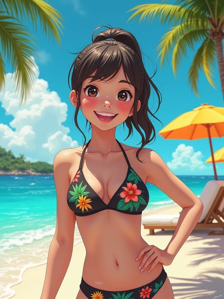 Bright Smile Beach Girl in Vibrant Tropical Paradise