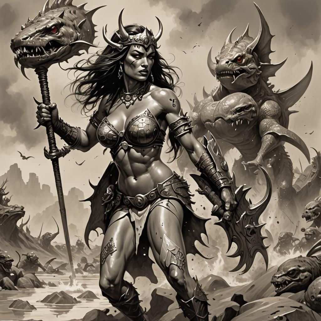 Mudskipper Barbarian Princess in Frazetta Style