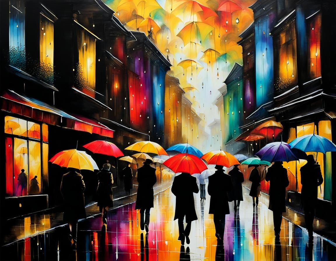 Rainy Night Cityscape with Colorful Umbrellas