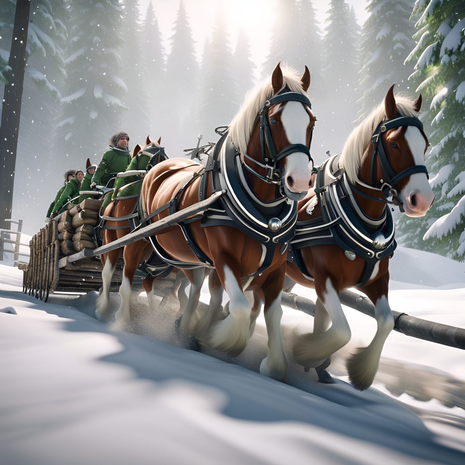 Clydesdales Pulling Log Sled in Snowy Landscape
