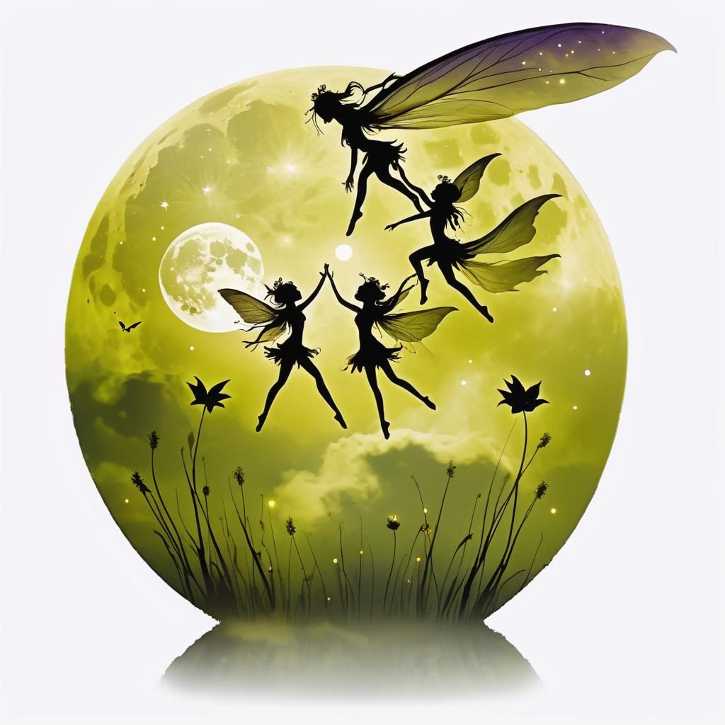 Fairies Dancing in Purple Night Sky