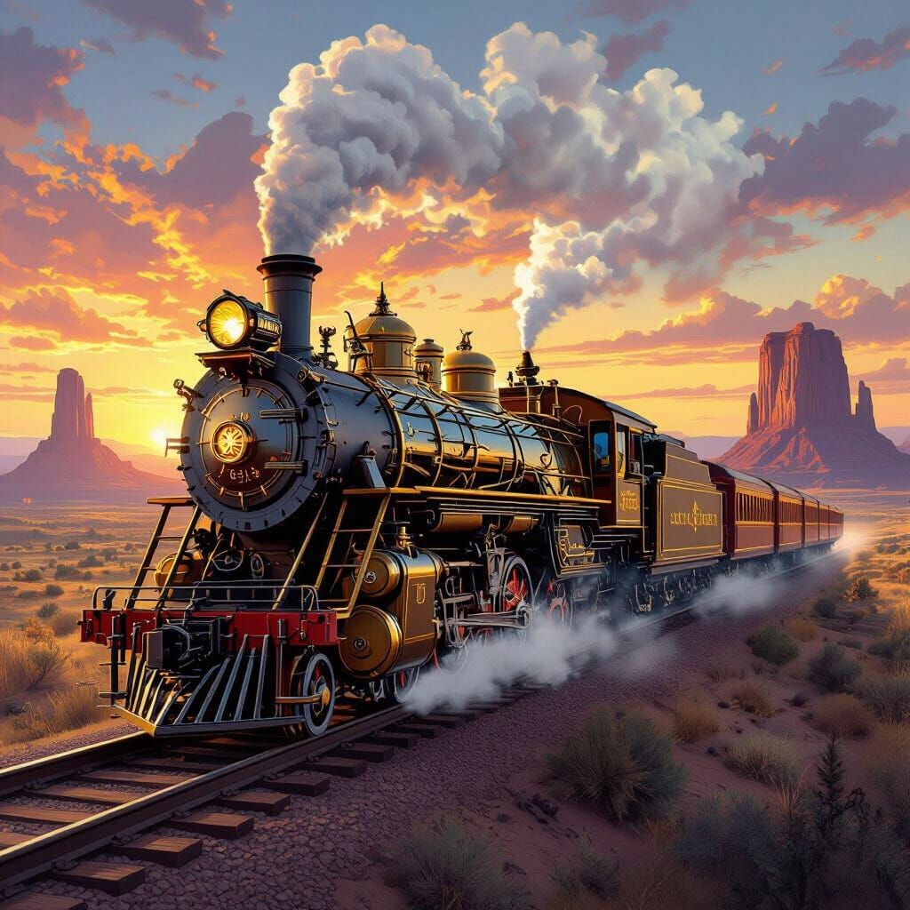 Steampunk Train Races Through Western Sunset