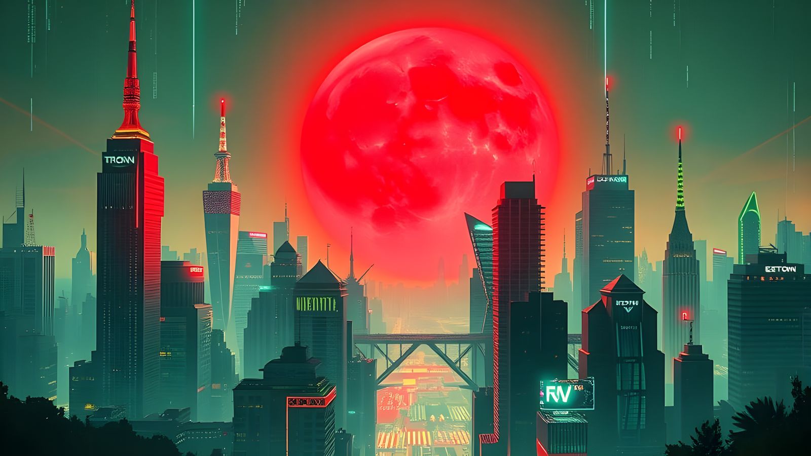 Neon Cityscape with Red Moon in Cyberpunk Style