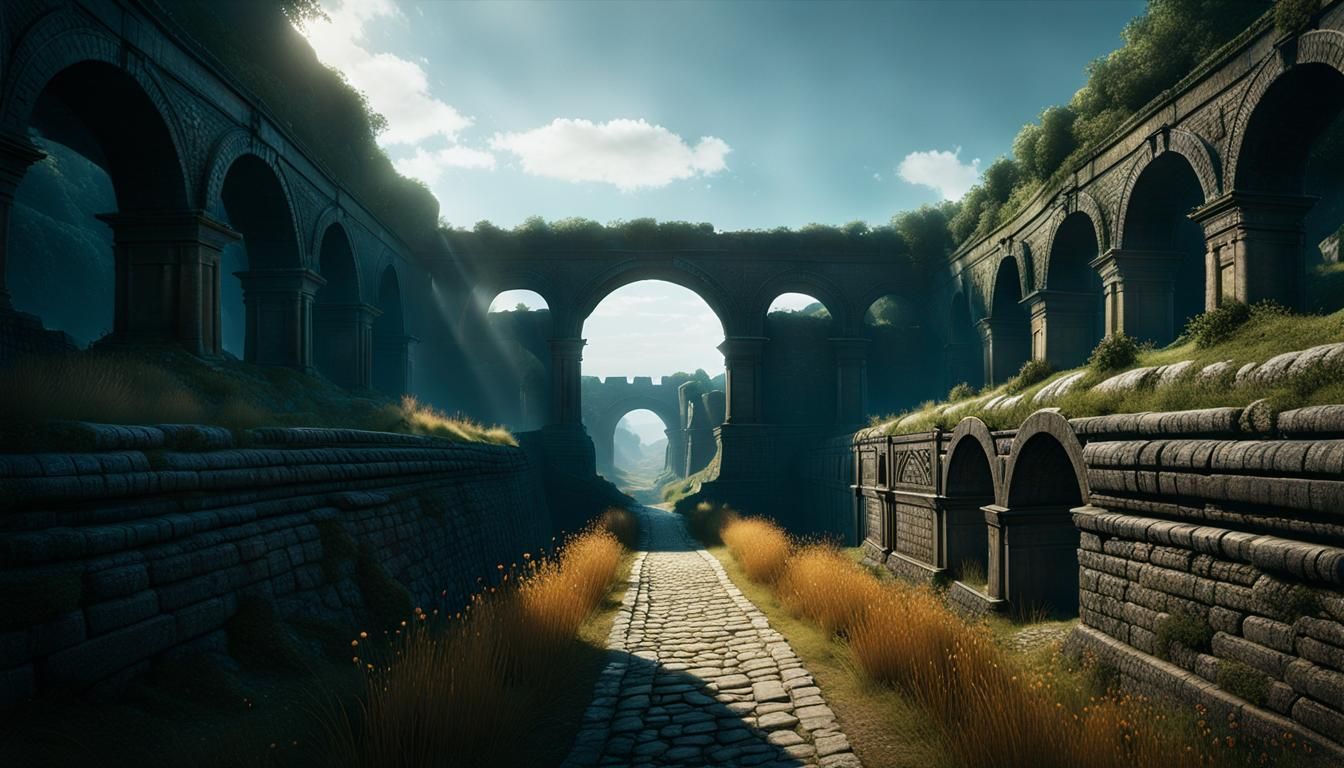 Dark Fantasy Landscape with Ancient Roman Road