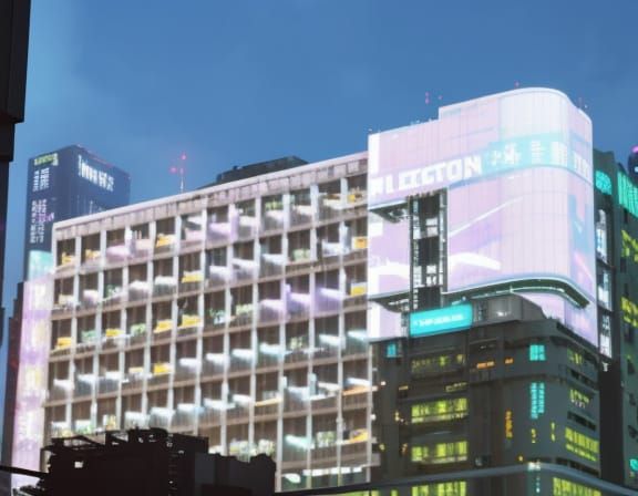 Futuristic Cyberpunk School in Hong Kong with Neon Lights
