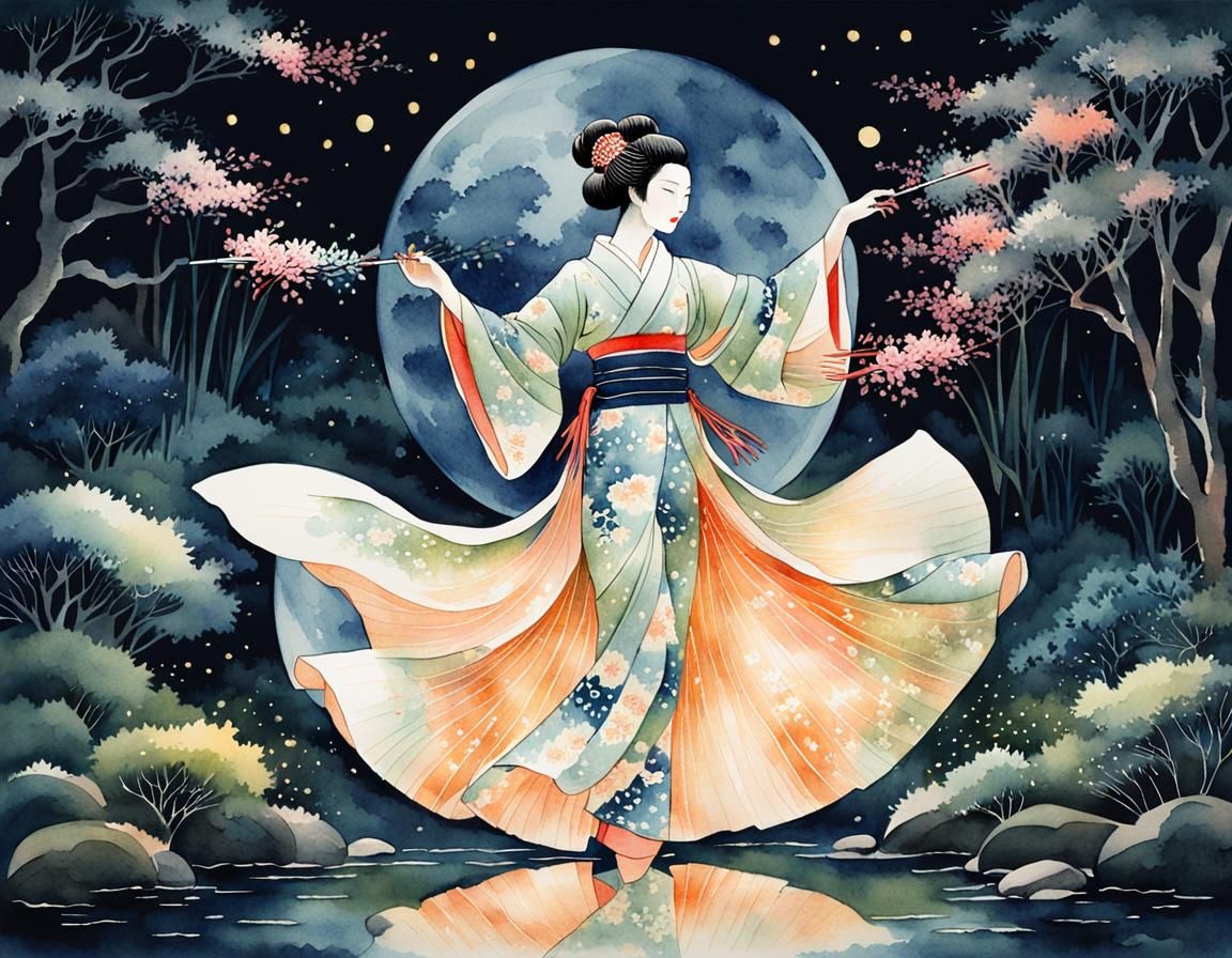 Geisha in Moonlit Garden: Watercolor Post-Impressionism