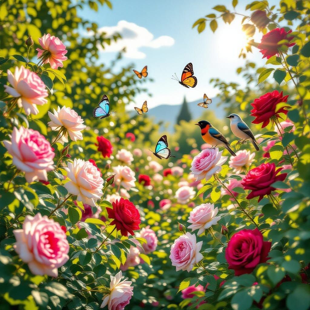 Hyperrealistic Garden Oasis with Roses, Butterflies, and Bir...