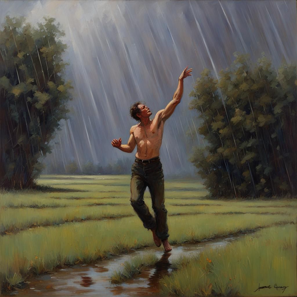 Man Dancing in Rainy Field: Oil Painting