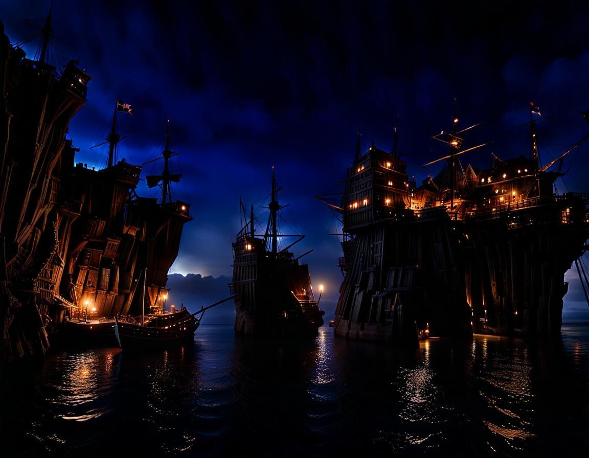 A hidden pirate cove at night