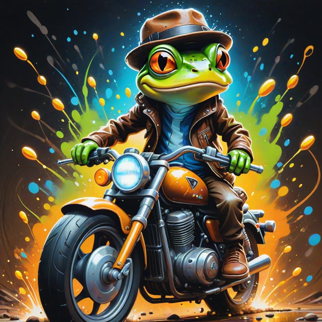 Vibrant Street Art of a Frog on a Motorcycle