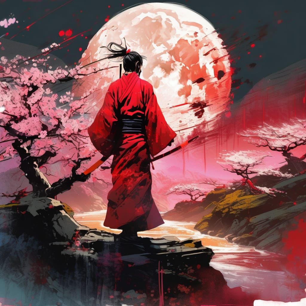 Samurai Under Cherry Moon in Ink Splatter Style
