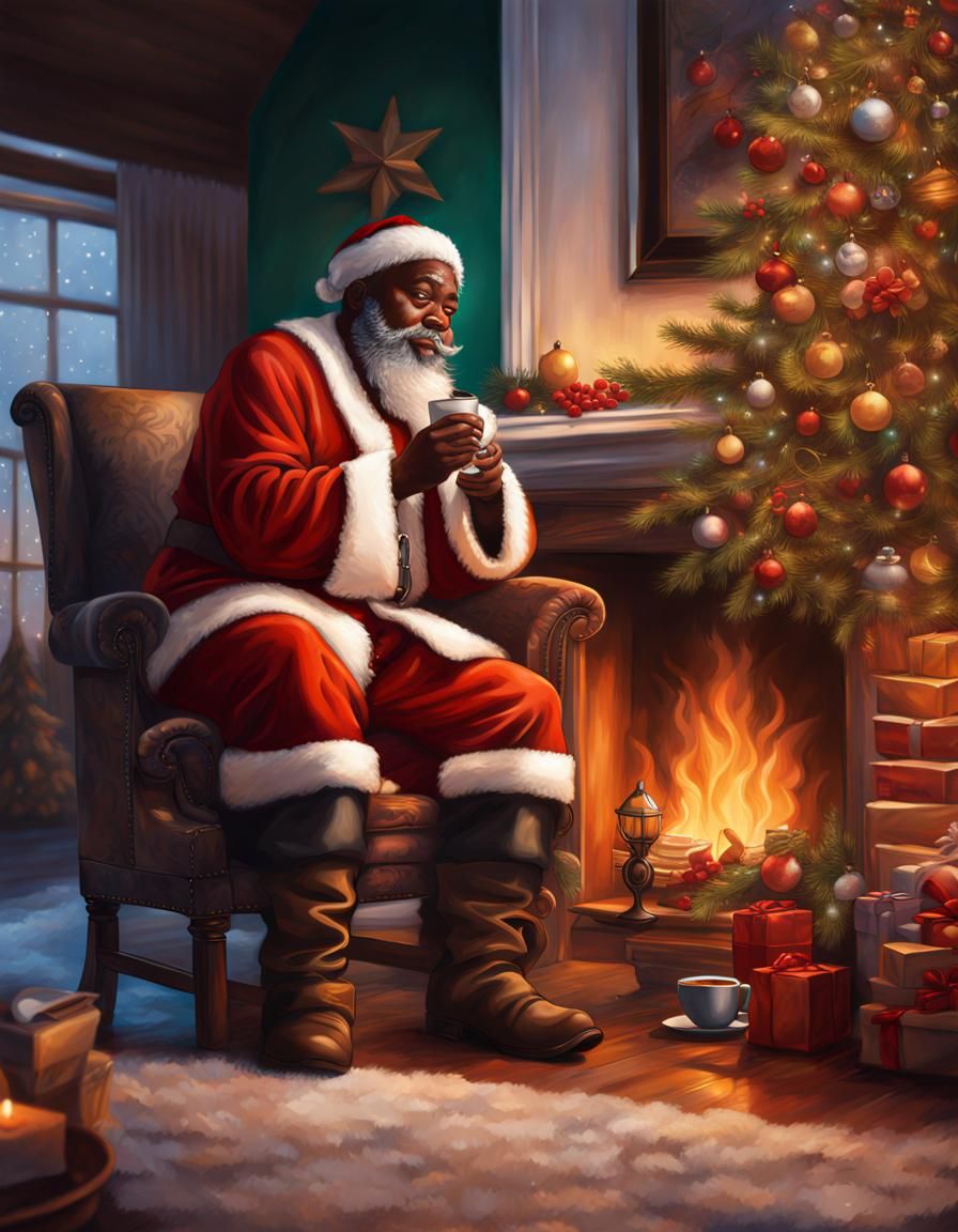 Hyperrealistic Black Santa Claus Drinking Coffee by Fireplac...
