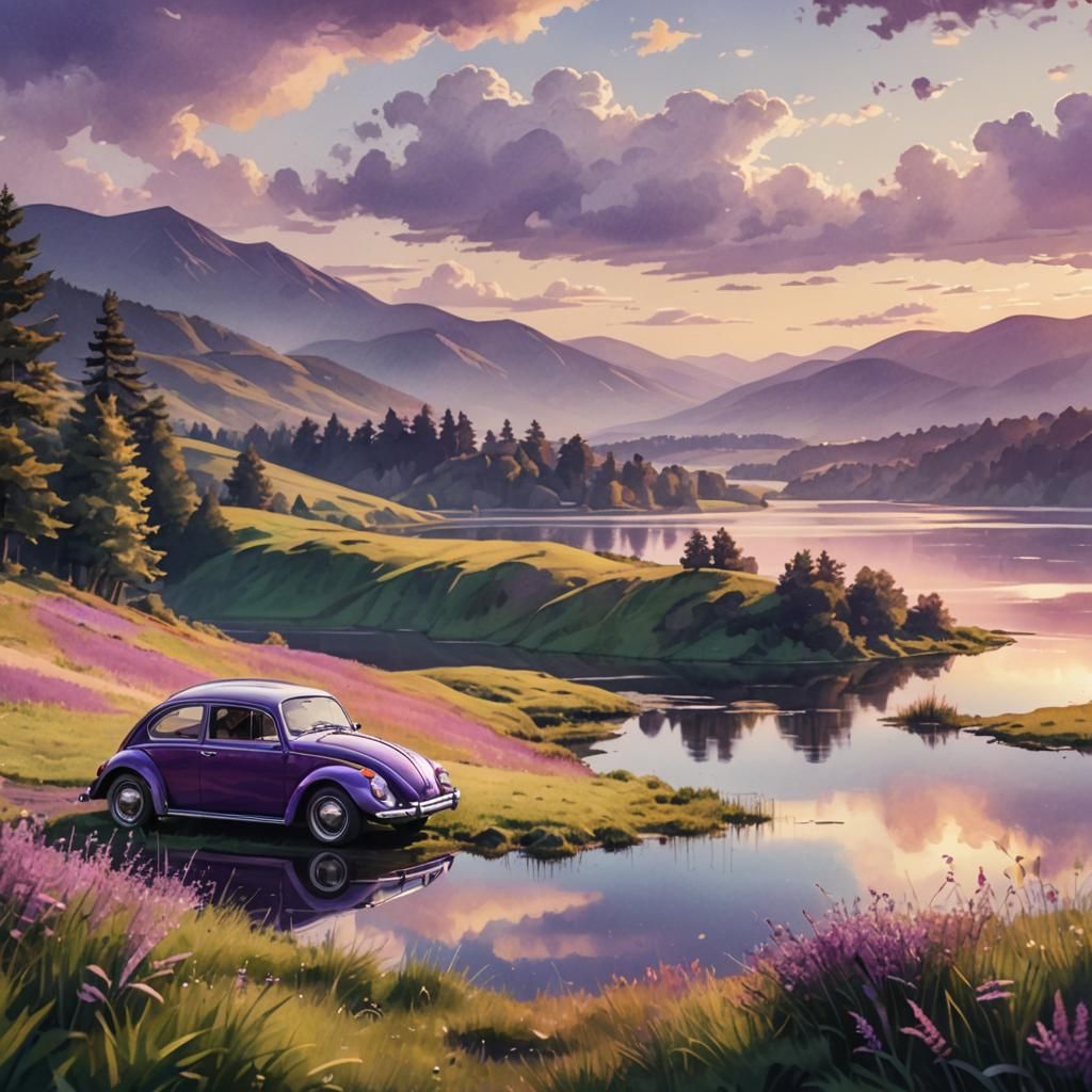 Purple VW Beetle Overlooking Lake in Watercolor Art