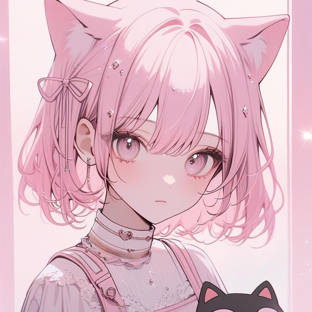 Neko Anime Girl with Pink Hair and Ribbons