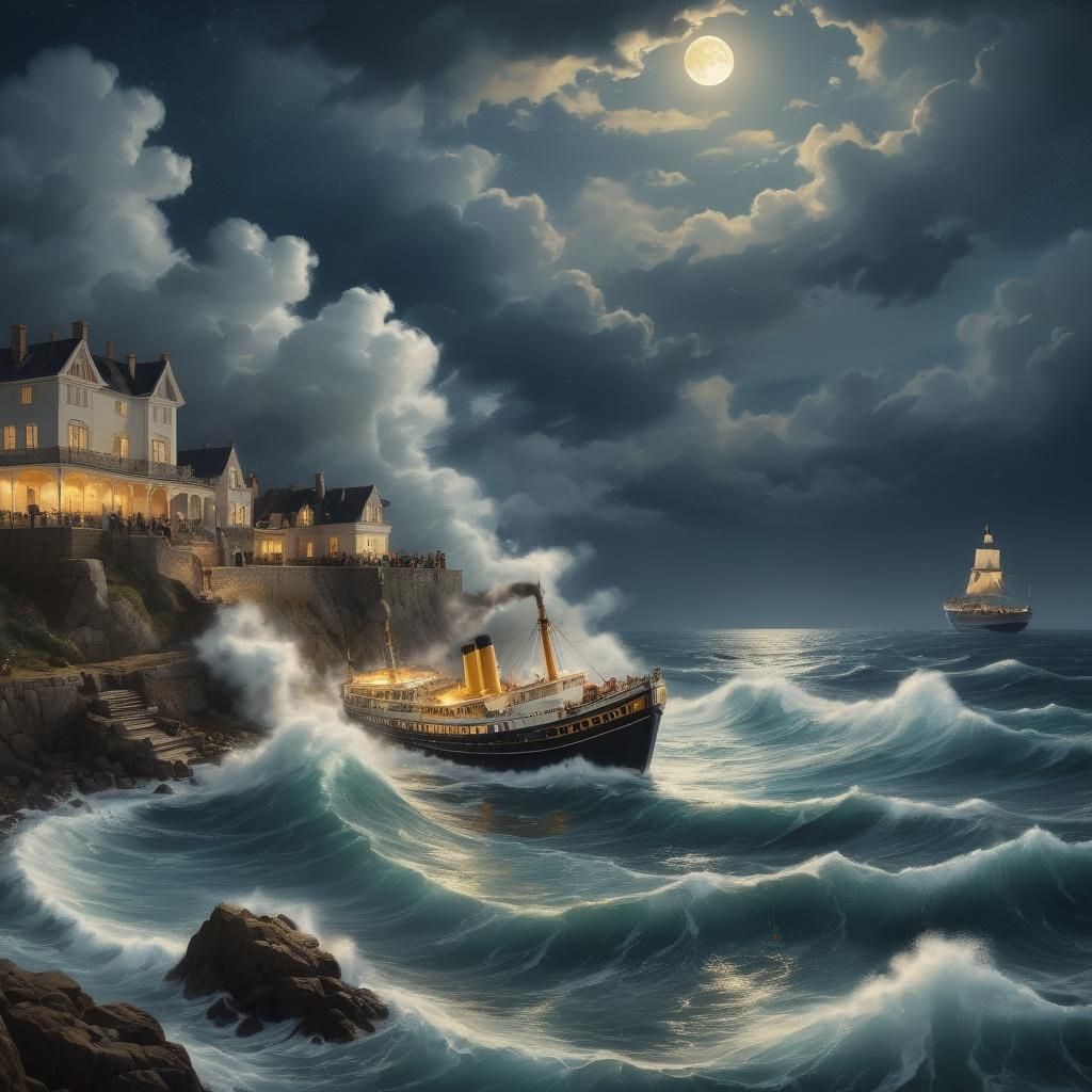 Steamer Arrival on Stormy Coast at Night