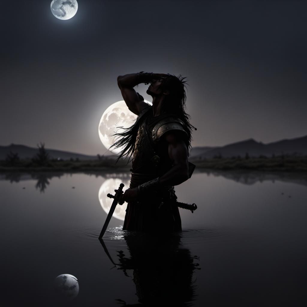 Silhouette of Warrior Crying in Desert Moonlight