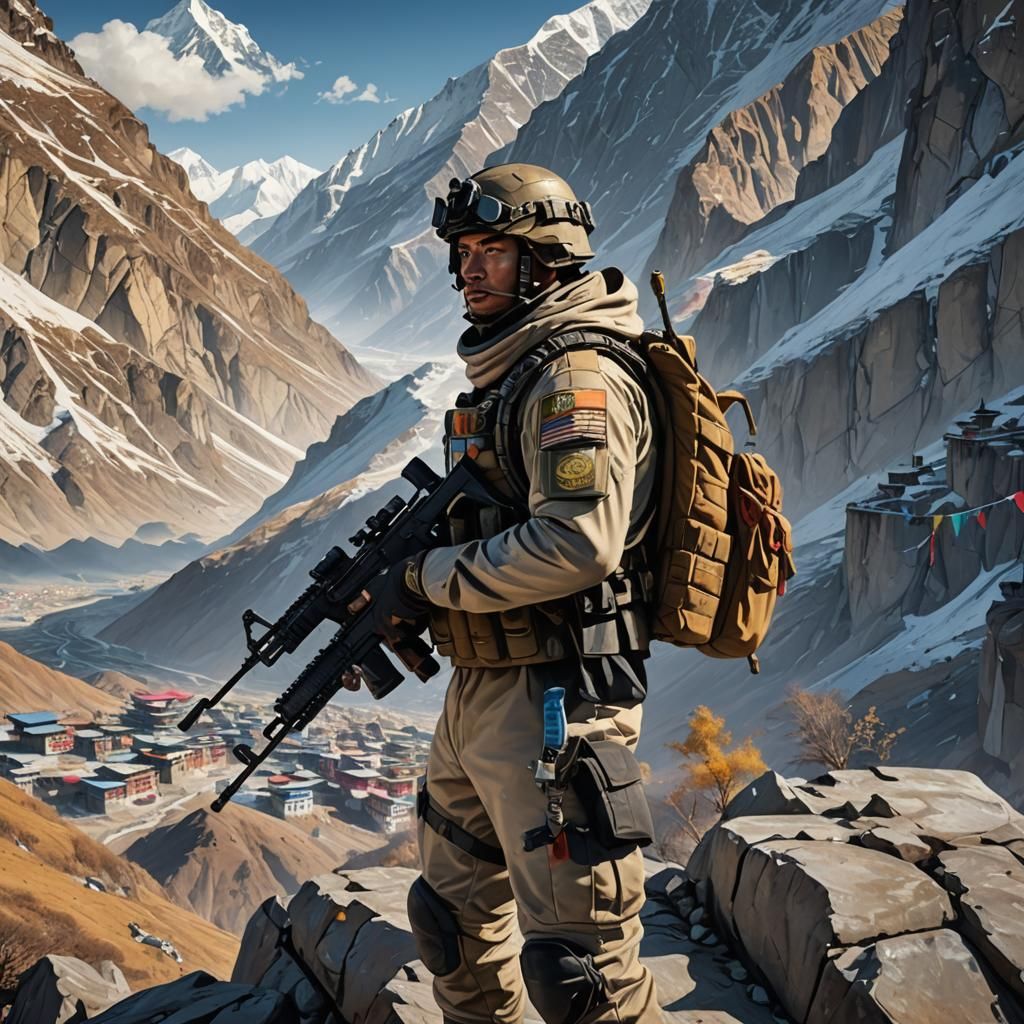 Soldier on Himalayan Cliff in Hyperrealistic Style