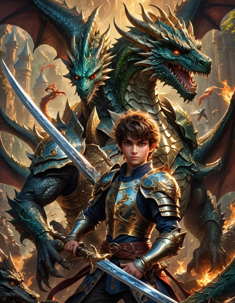 Boy with Magical Sword and Dragon: Maximalist Digital Art