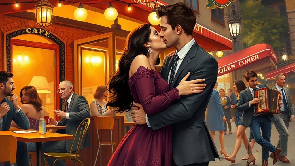 Couple's Intimate Moment in a Bustling Café