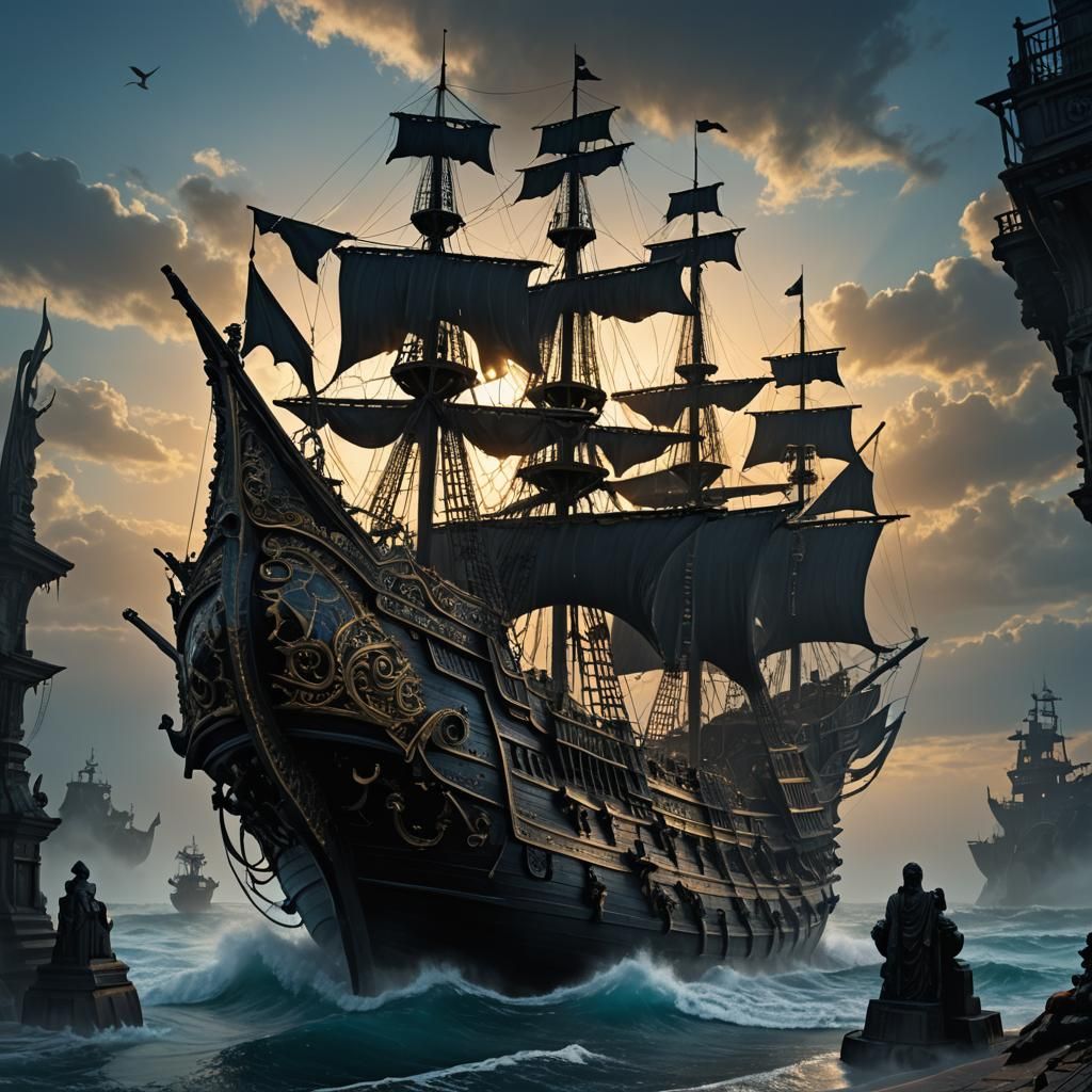 Gothic Pirate Ship on Misty Sea at Sunset