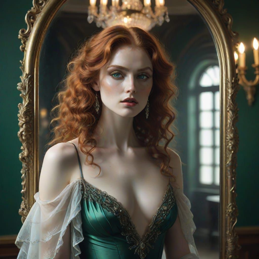 Vulnerable Woman in Victorian Ballroom with Chiaroscuro Effe...