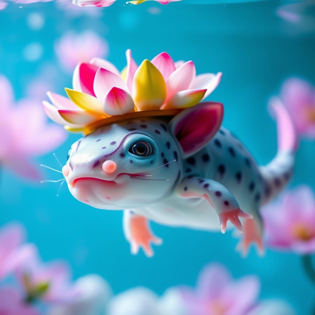 Whimsical Axolotl with Water Lily Crown