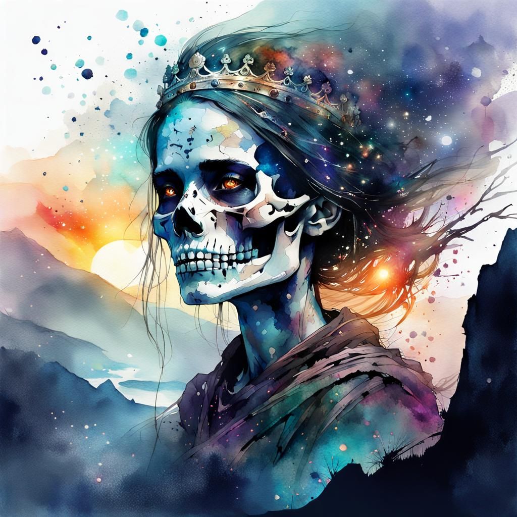 Stunning Undead Queen in Digital Watercolor Art