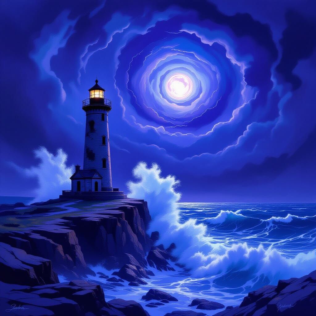 Ancient Lighthouse in Stormy Sea: Painterly Style